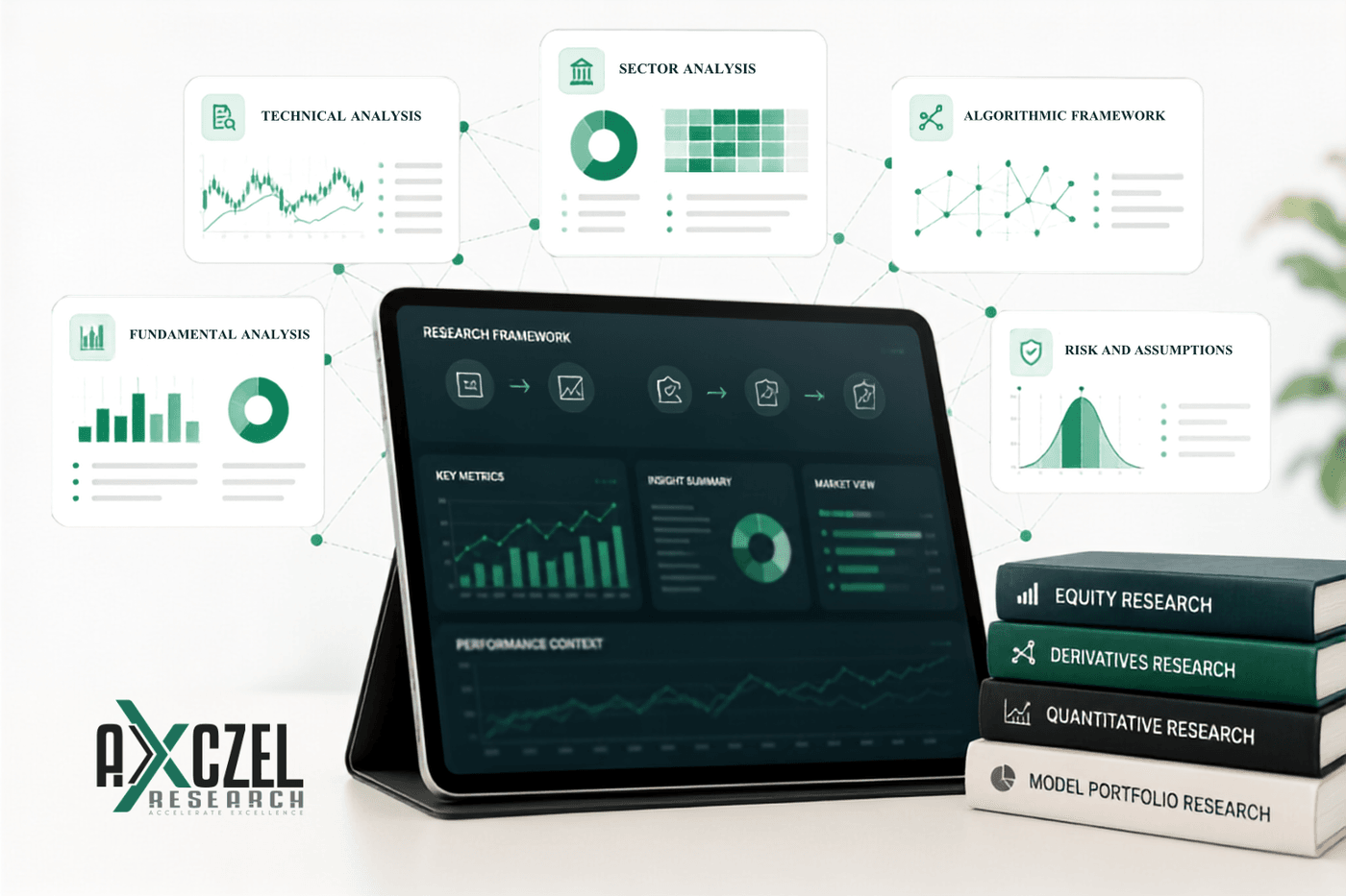 Axczel Research framework on a tablet — technical, fundamental, sector and algorithmic analysis feeding equity, derivatives, quantitative and model portfolio research.